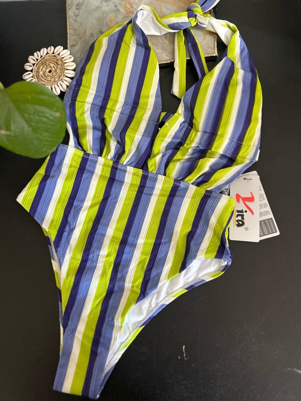 Yira one piece stripped halter top green blue size large - Picture 2 of 9